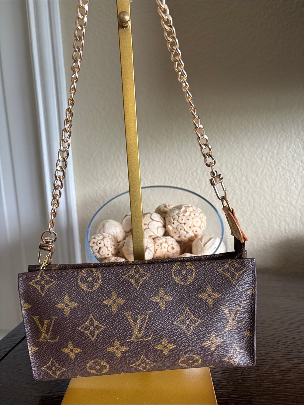 Louis Vuitton Monogram Mini Shoulder Bag in Brown with Unbranded Gold Chain